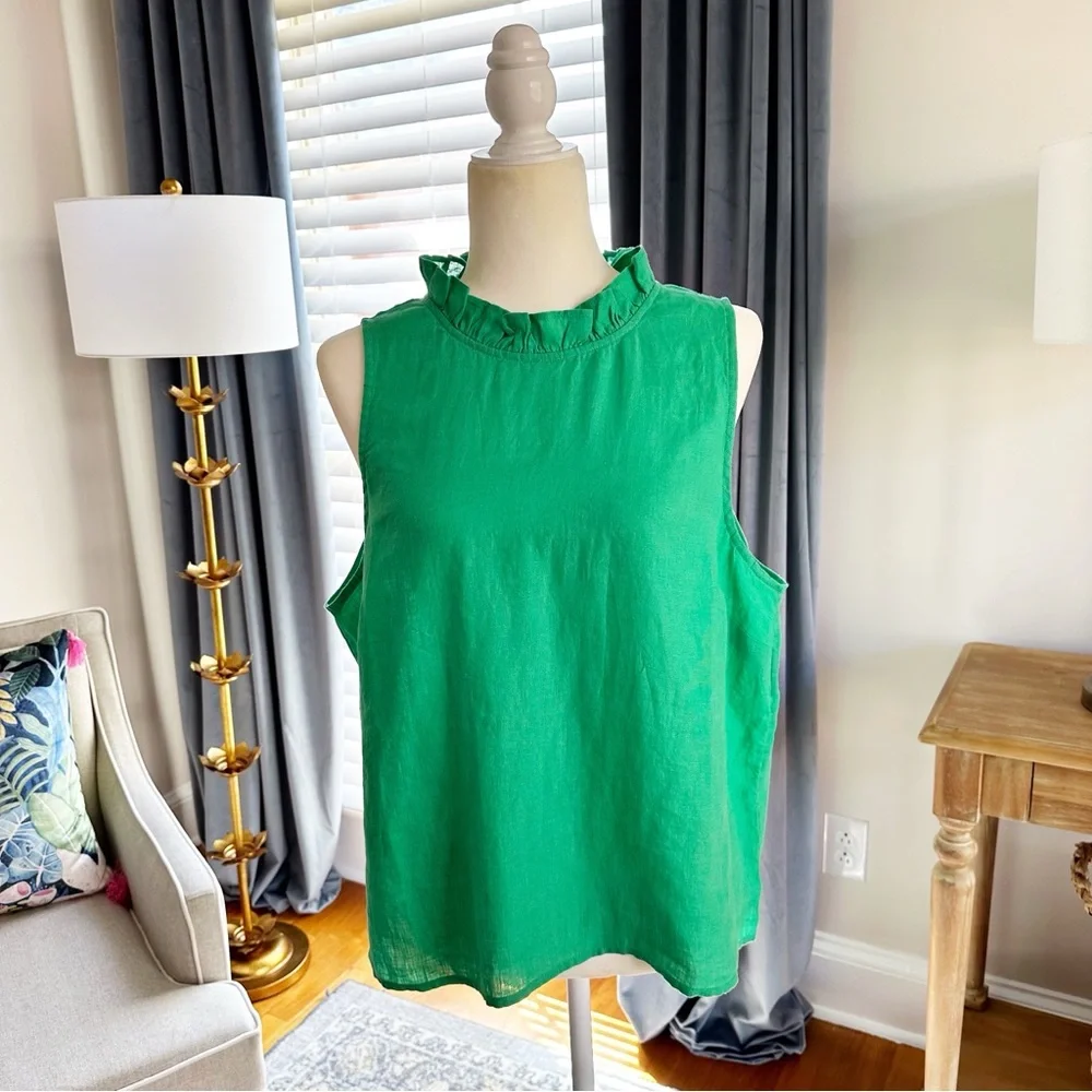 NWT J.Crew Fleur Green 100% Linen Ruffle Tank Top L